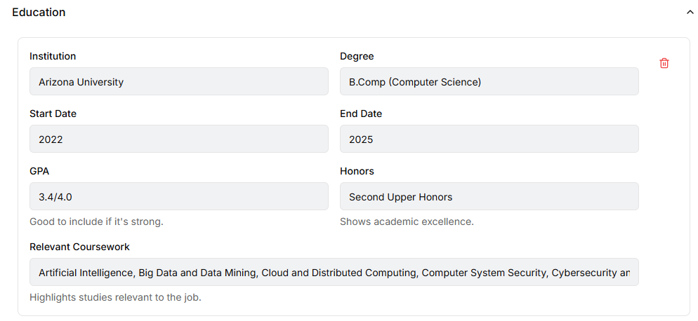 Example of an education section in a resume form